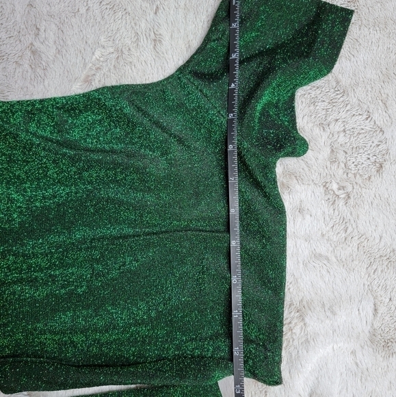 ✨️CL SheIn Green Sparkle Ruched Short Sleeve Top Fitted Skirt Set Size 1XL - Picture 9 of 10